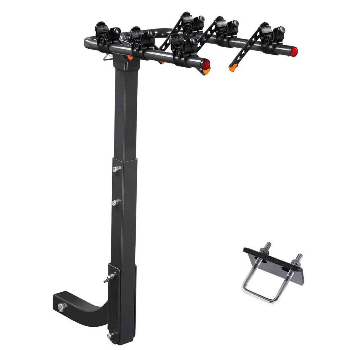 Foldable three bike hitch rack carrying bicycles behind a vehicle