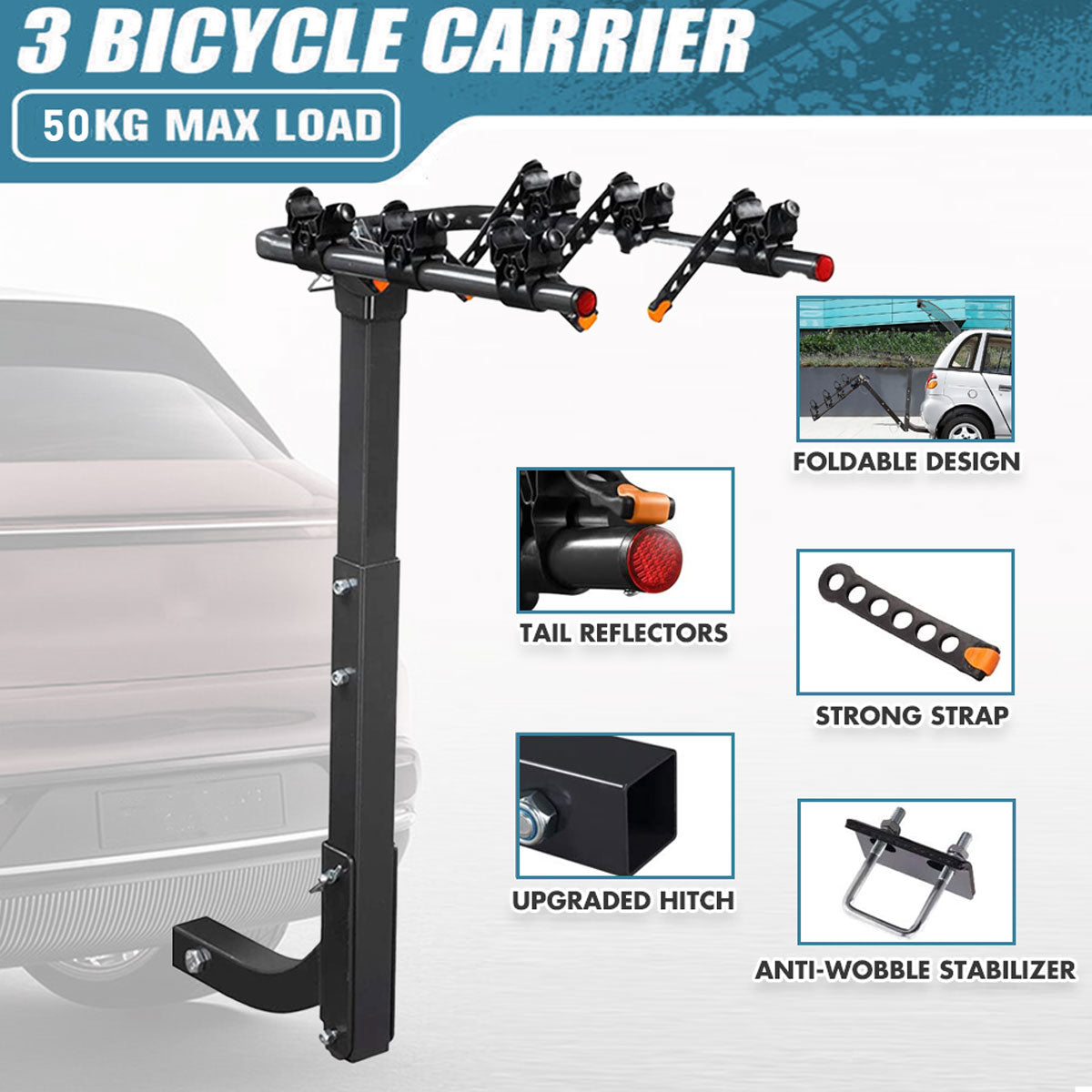 Aalst Foldable Hitch Mount Bike Rack, 3 Bike, 50kg, Black