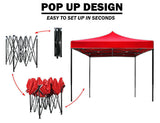 Red pop up gazebo partly folded showing how the frame collapses