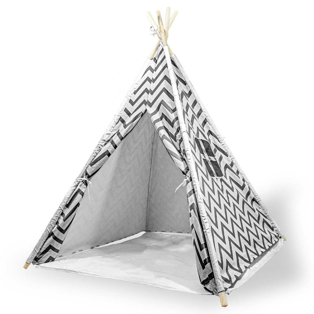Clearwater black cotton canvas kids teepee tent on timber poles with floor mat