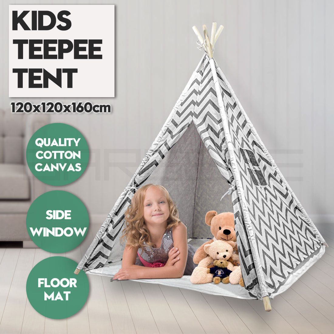 Clearwater Kids Teepee Tent, Giant Cotton Canvas Wigwam, Black