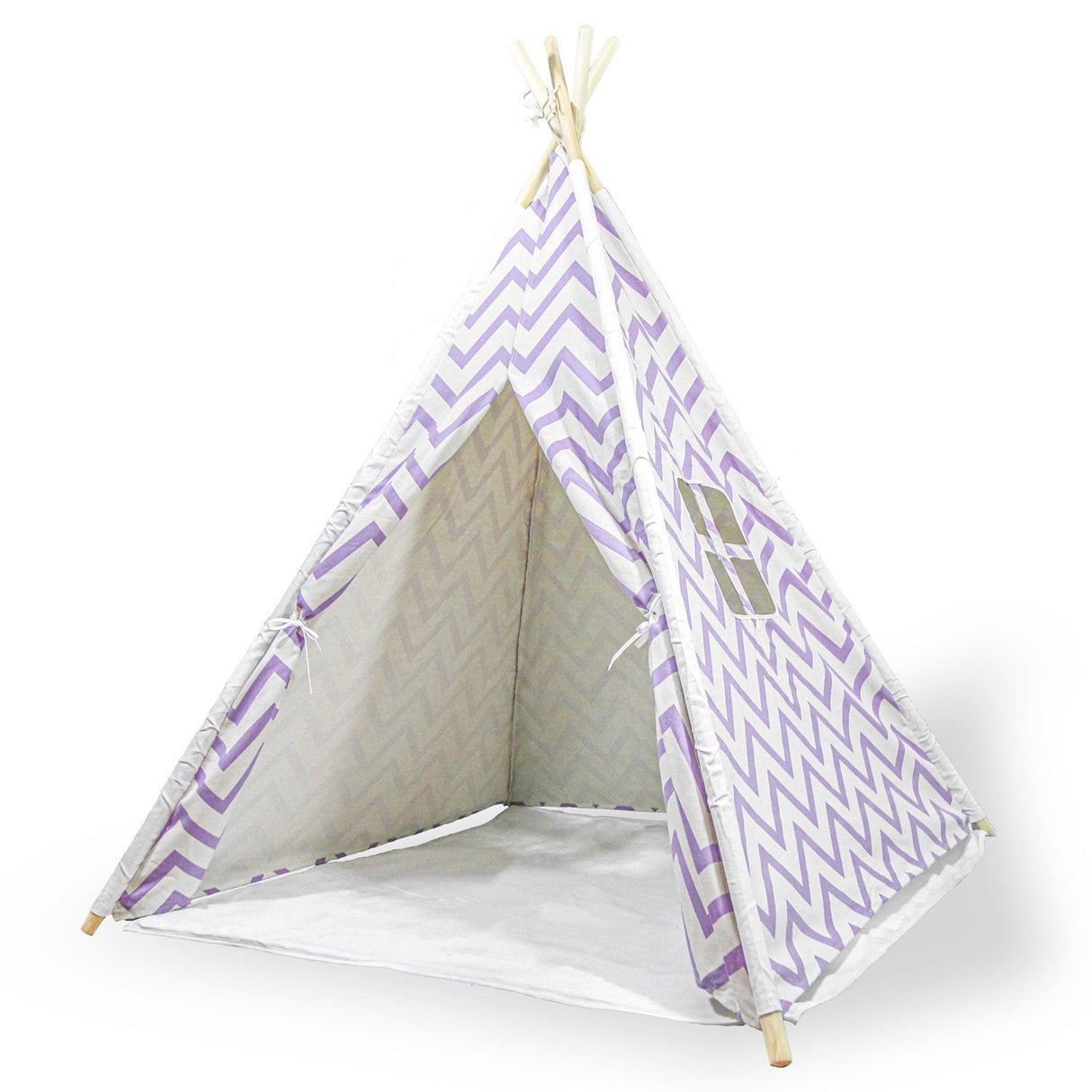 Clearwater purple cotton canvas kids teepee tent on timber poles with floor mat