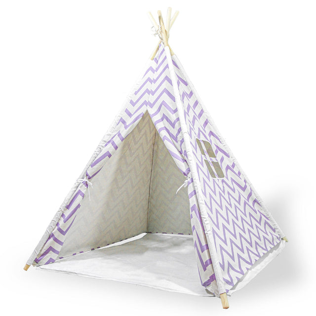 Clearwater purple cotton canvas kids teepee tent on timber poles with floor mat