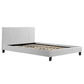 Five Dock queen bed in crisp white PU leather with a stitched headboard in a serene bedroom