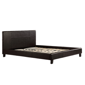 Five Dock queen bed in warm brown PU leather with a stitched headboard in a cosy bedroom