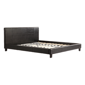 Five Dock king bed in warm brown PU leather with a stitched headboard in a cosy bedroom