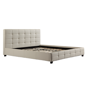Hurstville king bed in white PU leather with a button tufted headboard in a bright elegant bedroom