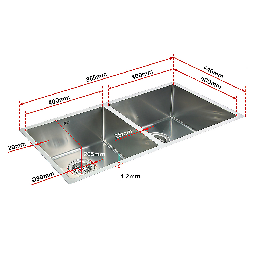 Handmade stainless steel double bowl kitchen sink 865x440mm