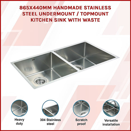 Handmade stainless steel double bowl kitchen sink 865x440mm