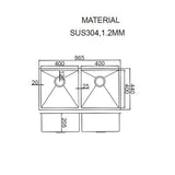 Handmade stainless steel double bowl kitchen sink 865x440mm