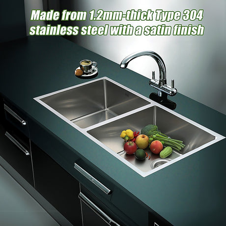Handmade stainless steel double bowl kitchen sink 865x440mm