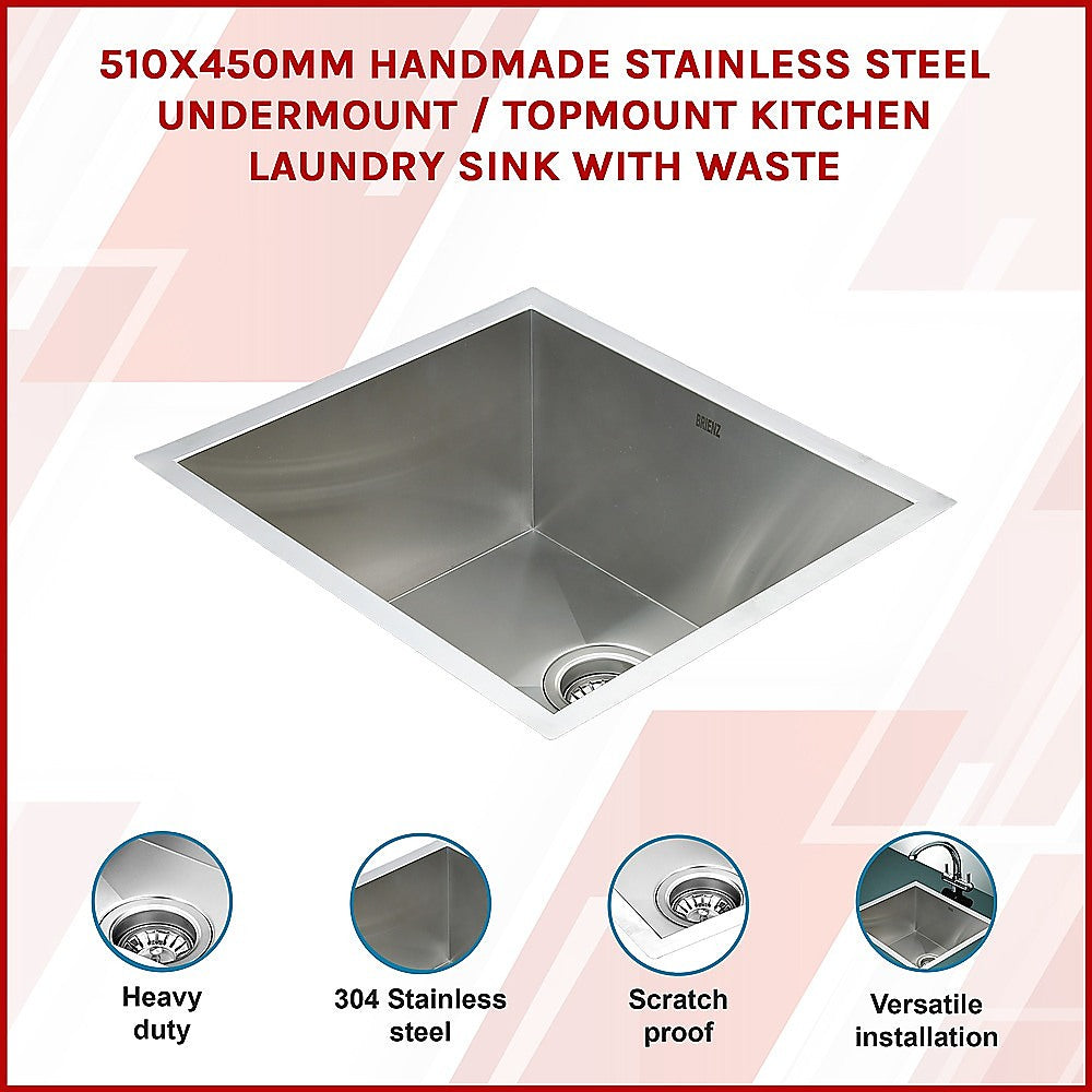 Handmade stainless steel kitchen and laundry sink 510x450mm
