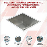 Handmade stainless steel kitchen and laundry sink 510x450mm