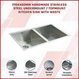 Handmade stainless steel kitchen sink 770x450mm