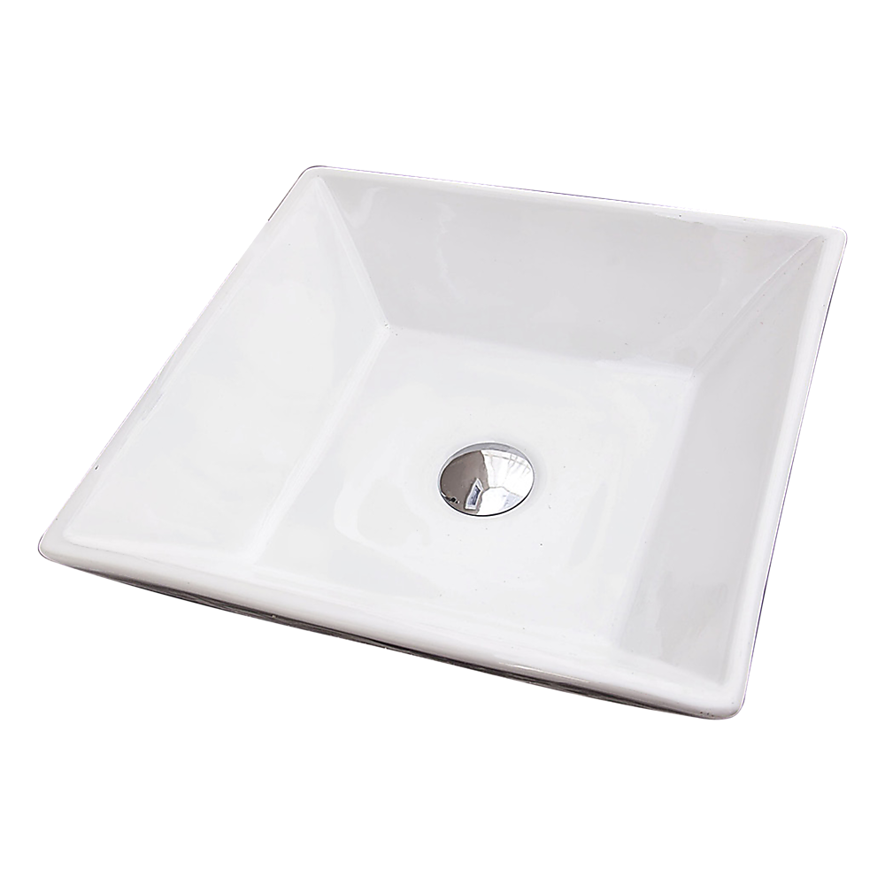 Top view of white square ceramic basin showing centre drain hole