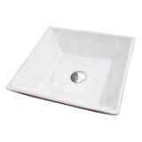 Top view of white square ceramic basin showing centre drain hole