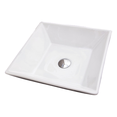Top view of white square ceramic basin showing centre drain hole