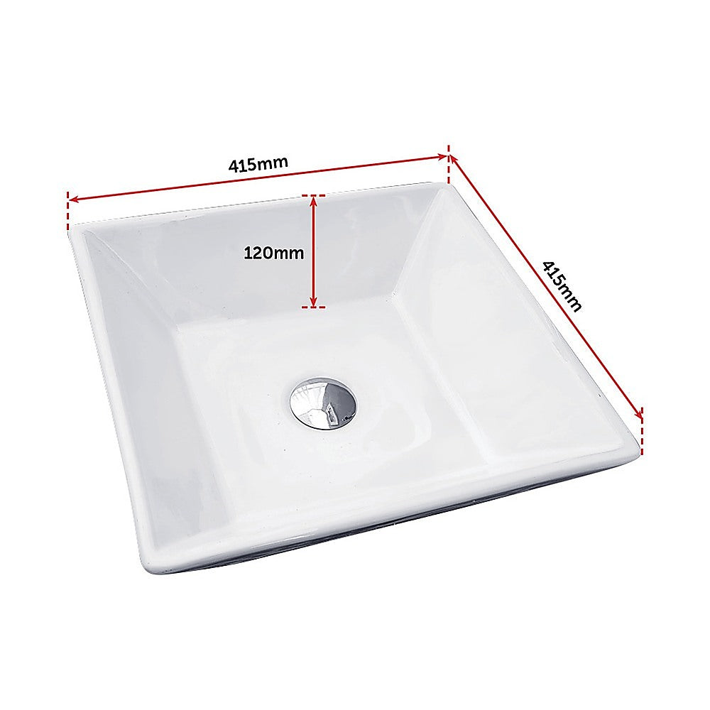 White square ceramic bench top basin in a modern bathroom setting