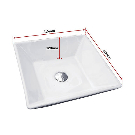 White square ceramic bench top basin in a modern bathroom setting