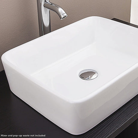 White square ceramic above counter basin, angled view