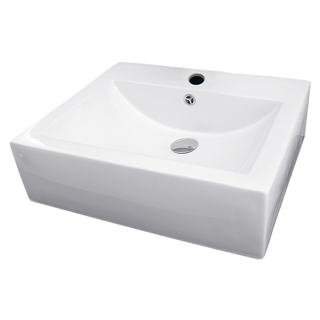 White rectangular ceramic above counter basin, side profile