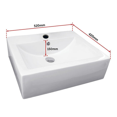 White rectangular ceramic above counter basin styled on vanity