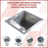 Handmade stainless steel kitchen and laundry sink 530x505mm