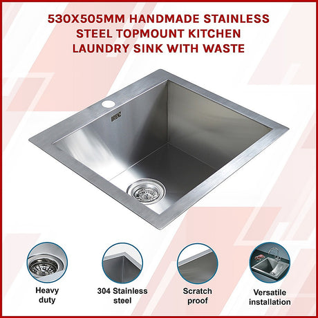 Handmade stainless steel kitchen and laundry sink 530x505mm