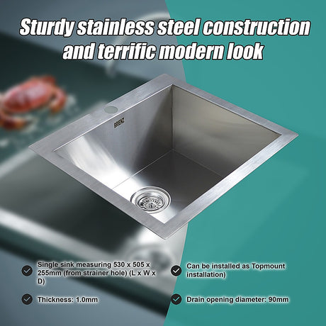 Handmade stainless steel kitchen and laundry sink 530x505mm