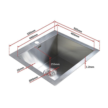Handmade stainless steel kitchen and laundry sink 530x505mm