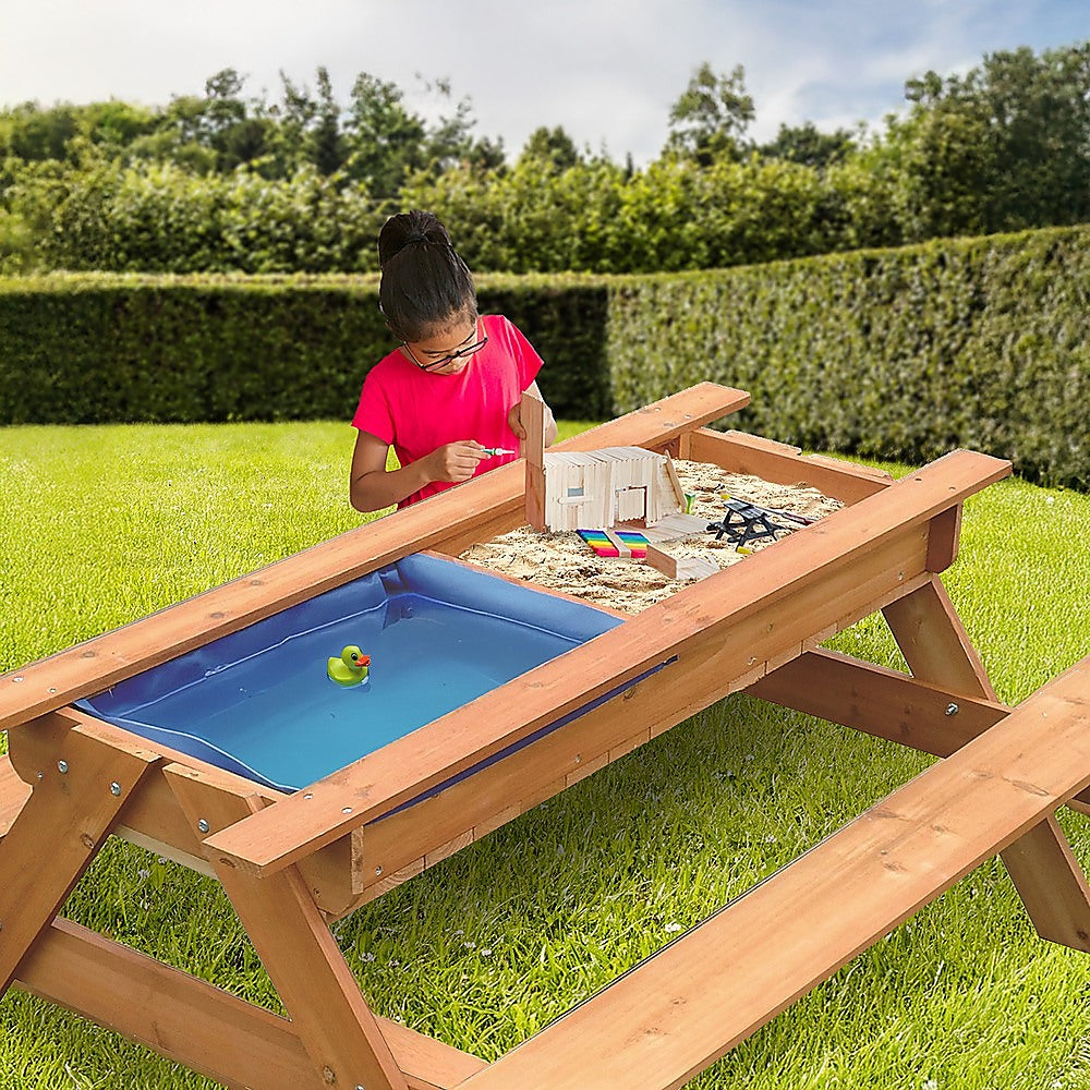Kids picnic table with lift up sand and water panel