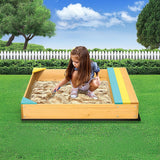 Wooden sandpit with bench seat and storage in blue yellow and brown