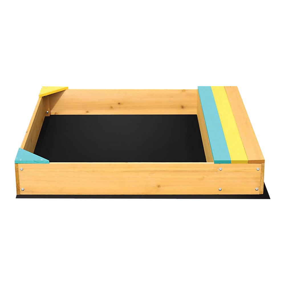 Wooden sandpit with bench seat and storage in blue yellow and brown