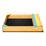 Wooden sandpit with bench seat and storage in blue yellow and brown