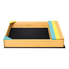Wooden sandpit with bench seat and storage in blue yellow and brown