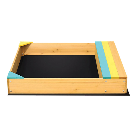Wooden sandpit with bench seat and storage in blue yellow and brown
