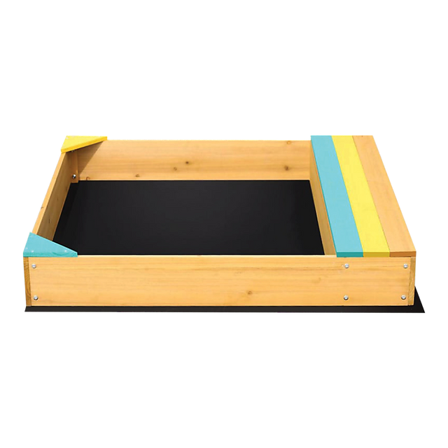 Wooden sandpit with bench seat and storage in blue yellow and brown