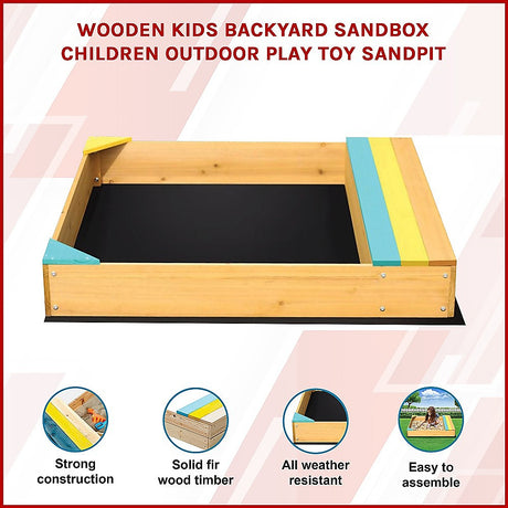 Wooden sandpit with bench seat and storage in blue yellow and brown