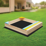 Wooden sandpit with bench seat and storage in blue yellow and brown