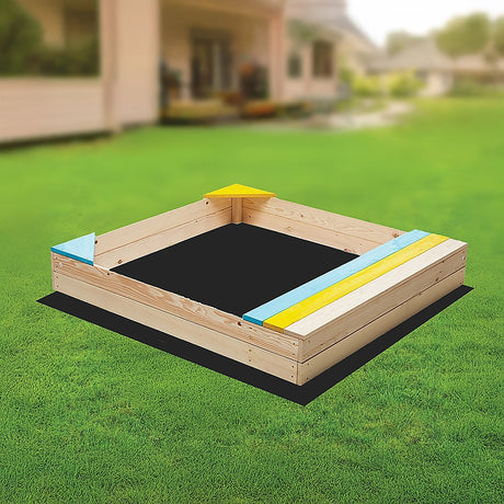 Wooden sandpit with bench seat and storage in blue yellow and brown