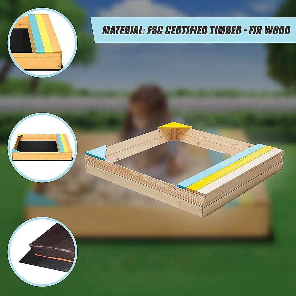 Wooden sandpit with bench seat and storage in blue yellow and brown