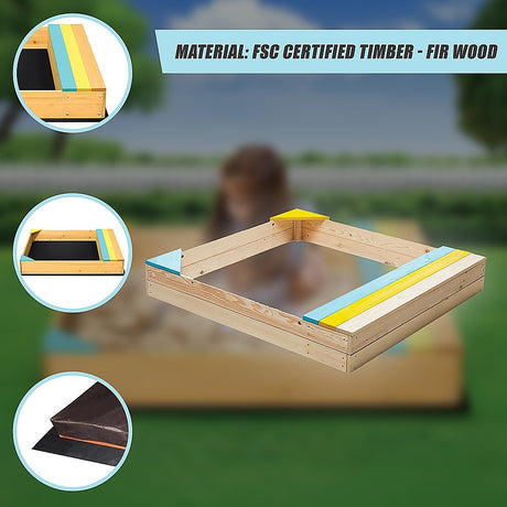 Wooden sandpit with bench seat and storage in blue yellow and brown