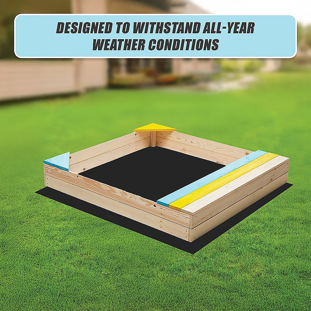 Wooden sandpit with bench seat and storage in blue yellow and brown