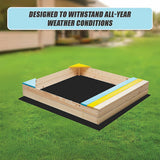 Wooden sandpit with bench seat and storage in blue yellow and brown