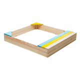 Wooden sandpit with bench seat and storage in blue yellow and brown