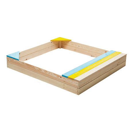 Wooden sandpit with bench seat and storage in blue yellow and brown