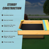Wooden sandpit with bench seat and storage in blue yellow and brown