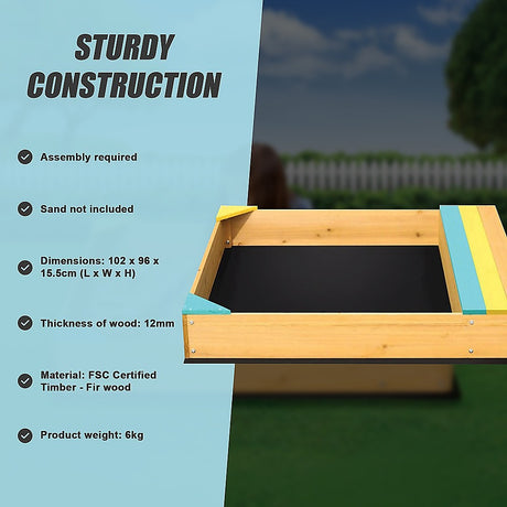 Wooden sandpit with bench seat and storage in blue yellow and brown