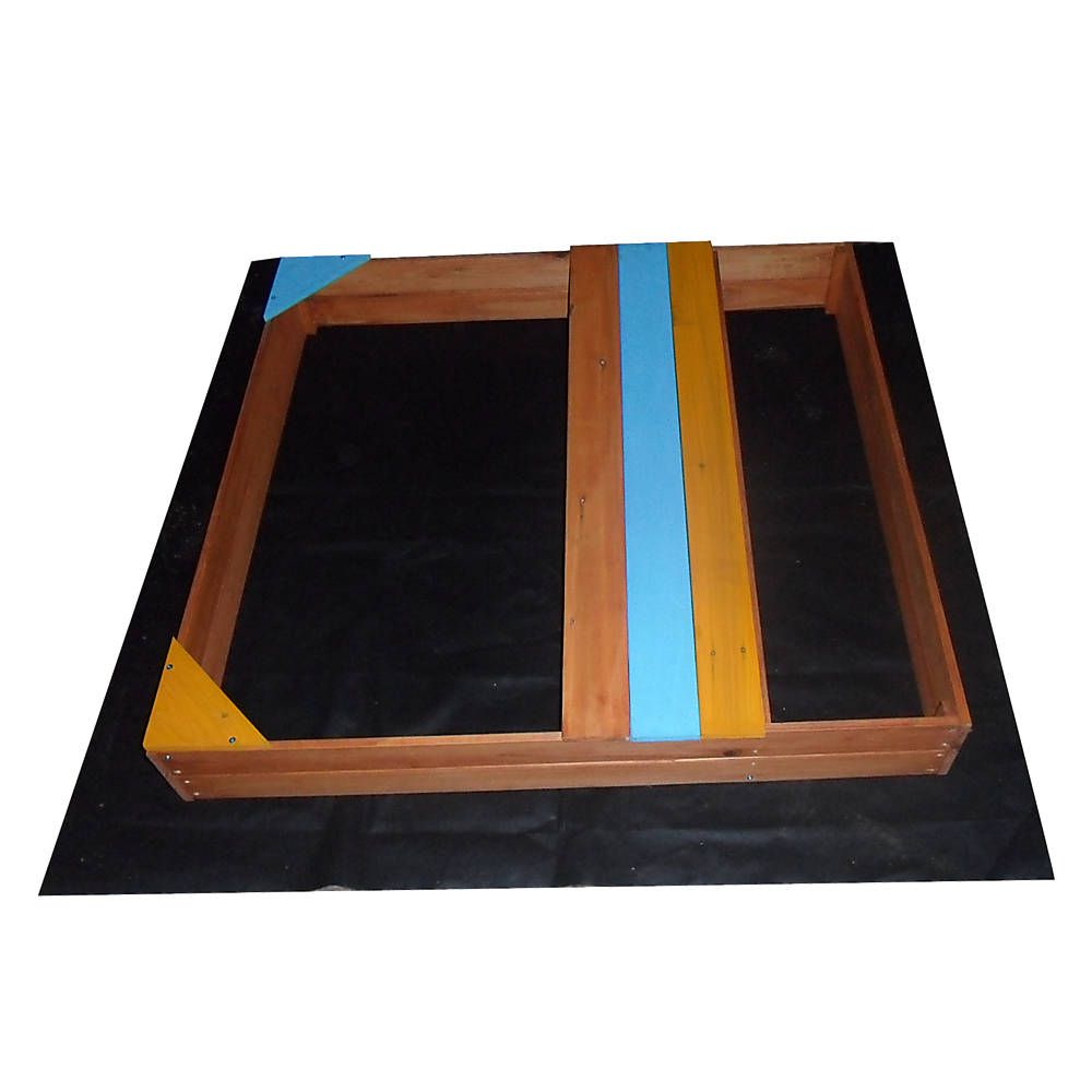 Wooden sandpit with bench seat and storage in blue yellow and brown