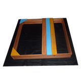 Wooden sandpit with bench seat and storage in blue yellow and brown